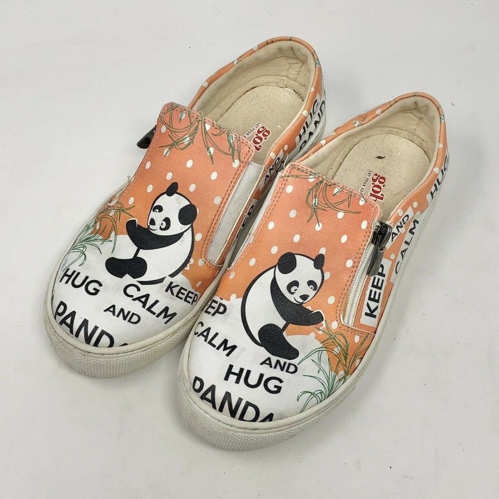 GOBY‎ Girls Keep Calm Hug a Panda Slip On Shoes Orange Size 35  3.5 Vegan Quirky